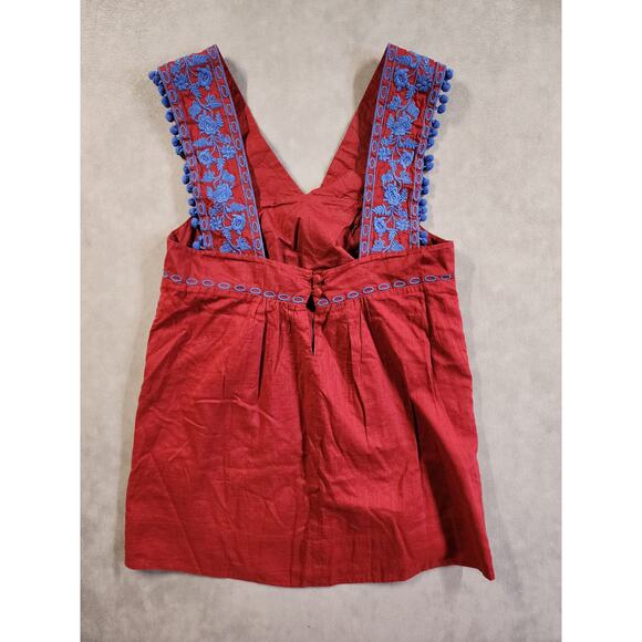 J Crew Tank Top Womens Size 00 Red Blue Embroidered Pom Pom Boho Peasant Hippie - Picture 8 of 10